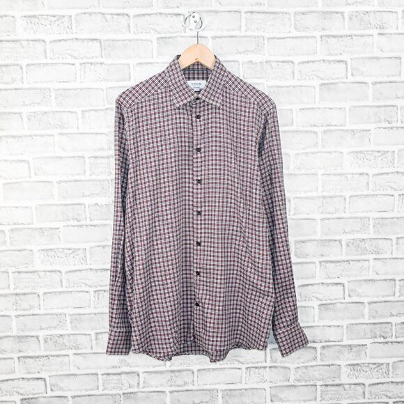 ETON Men's Contemporary fit Button up Shirt in Maroon plaid cotton size Large 16 - Picture 1 of 5